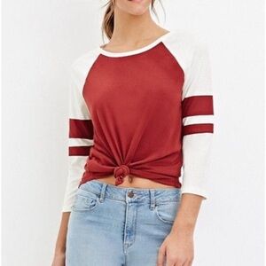 Forever 21 Burgundy and Cream Raglan Crewneck Top